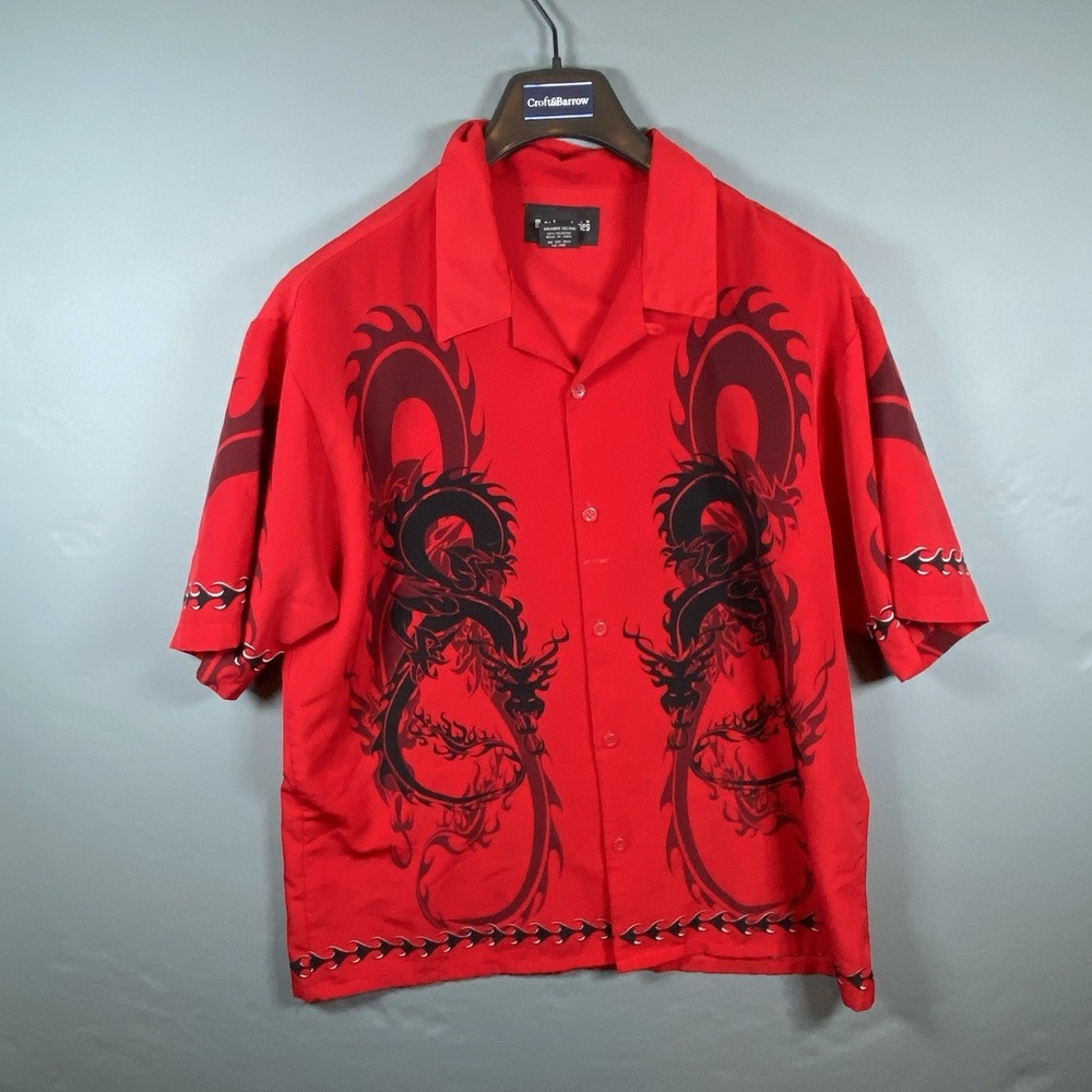 No Boundaries Men's Large 42/44 Red Shortโ Sleeve Dragon Tribal Button-Up Shirt